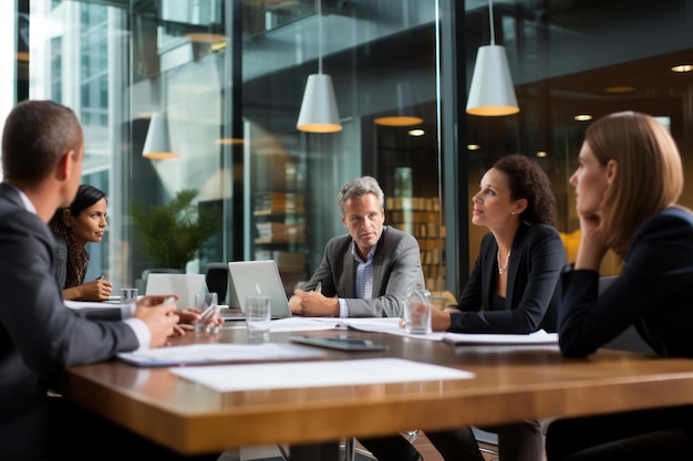 Um grupo de executivos de negócios confiantes tendo uma sessão de brainstorming em uma sala de reuniões moderna