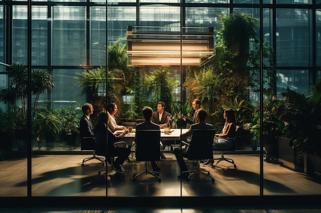 Um grupo de executivos senta-se ao redor de uma mesa redonda em uma sala de conferências.