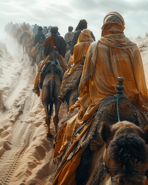 Foto um grupo de famílias a desfrutar de um passeio de camelo