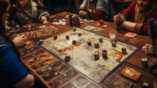 Foto um grupo de fantasia jogando um jogo de tabuleiro medieval deitado sobre uma mesa de madeira