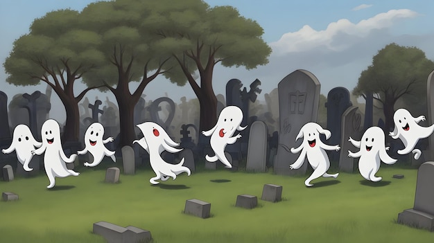 Um grupo de fantasmas amigáveis de desenho animado brincando de pega-pega em um fantasma branco de cemitério no Halloween