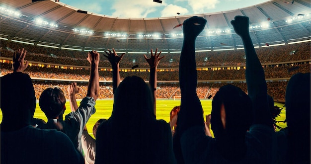 Um grupo de fãs aplaudindo assistem a um campeonato esportivo no estádio sua equipe ganha e todos estão celebrando este evento as pessoas estão vestidas com roupas casuais