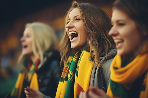 Um grupo de fãs de futebol feminino apoia a equipe de emoção alegria