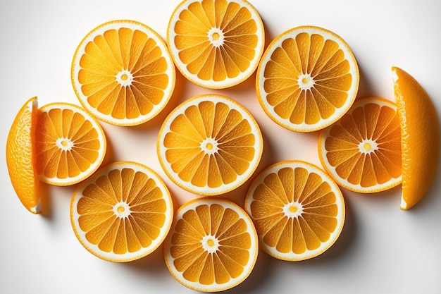 Um grupo de fatias de laranja em um fundo branco olhando para cima