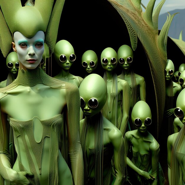 Foto um grupo de figuras alienígenas com rostos alienígenas numa selva.