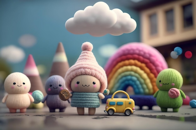 Um grupo de figuras de brinquedo com um arco-íris e uma nuvem no topo.