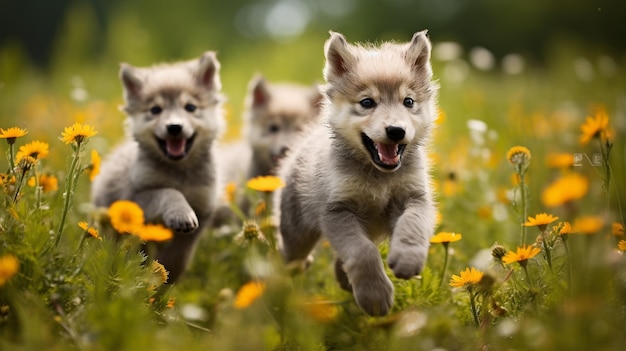 Um grupo de filhotes de lobo animados envolve-se numa alegre exibição de brincadeira e camaradagem com a sua pele aveludada a brilhar na suave luz solar os filhotes perseguem-se uns aos outros no meio do mar de flores
