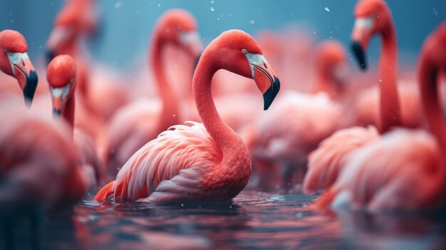 Foto um grupo de flamingos de pé na água