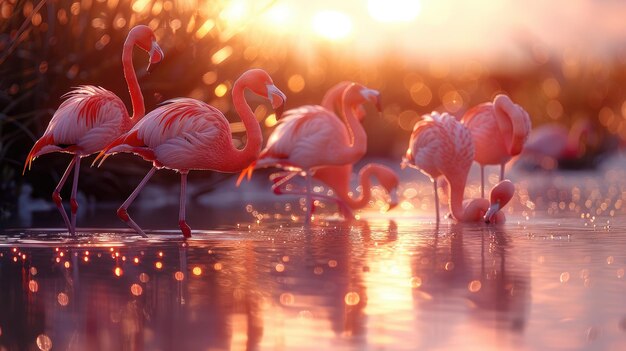 Um grupo de flamingos vadeando em um pântano de água salgada rasa ao nascer do sol