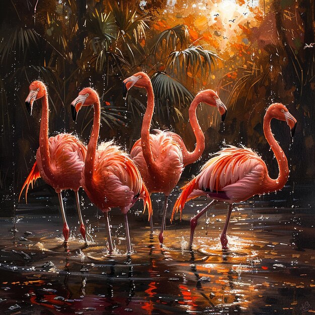 Foto um grupo de flamingos vadeando papel de parede raso