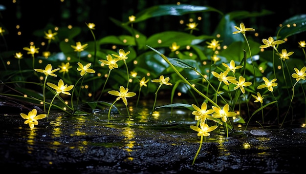 Foto um grupo de flores amarelas brilhantes com folhas verdes em um tronco molhado o fundo é escuro com alguns li