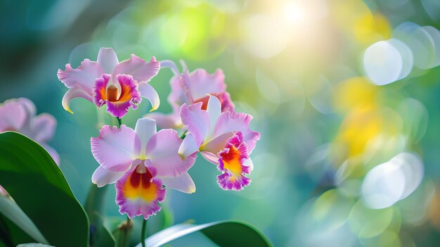 um grupo de flores cor-de-rosa com folhas verdes