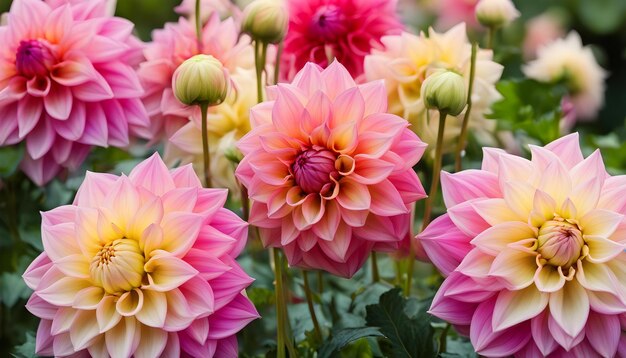 um grupo de flores cor-de-rosa e amarelas com o centro amarelo