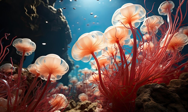 Um grupo de flores cor-de-rosa em um recife de coral com o oceano ao fundo.