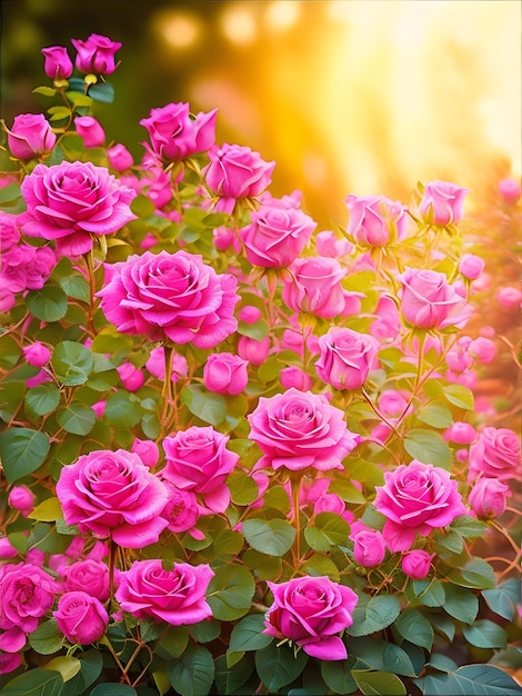 Um grupo de flores rosas no jardim