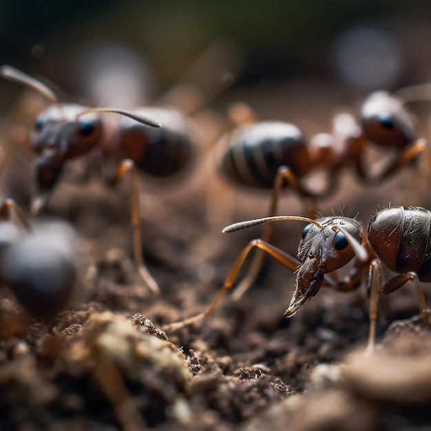 Foto um grupo de formigas caminha sobre uma superfície musgosa