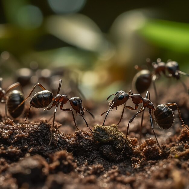 Foto um grupo de formigas caminha sobre uma superfície musgosa