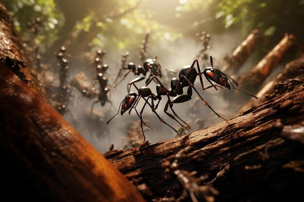 Um grupo de formigas está andando em um tronco na floresta.