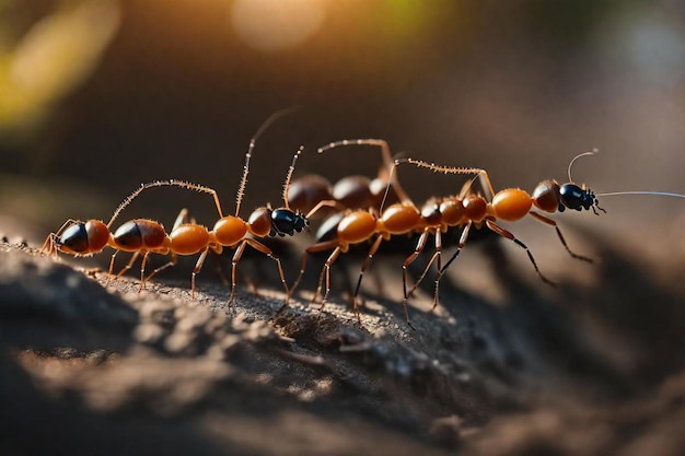 Um grupo de formigas está de pé num galho. O da direita é preto e branco.