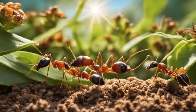 Um grupo de formigas está de pé numa planta com o sol a brilhar sobre elas.