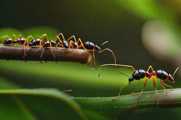 Foto um grupo de formigas está numa folha verde.