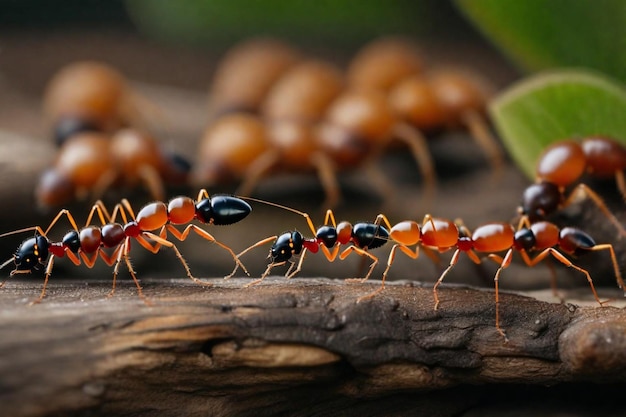 um grupo de formigas estão alinhadas em um ramo, incluindo um que tem o número 5 nele