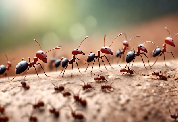 um grupo de formigas estão alinhadas em um tronco de árvore