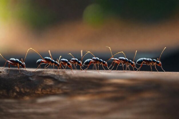 Foto um grupo de formigas estão alinhadas em um tronco