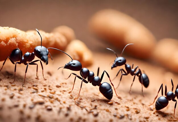 Foto um grupo de formigas estão de pé em um pedaço de madeira