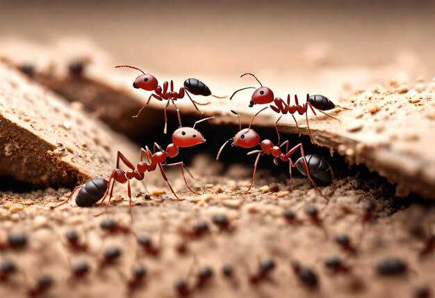 Foto um grupo de formigas estão em um pedaço de madeira