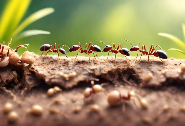 um grupo de formigas estão em um tronco de árvore