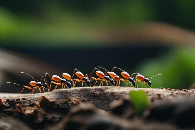 Foto um grupo de formigas estão em um tronco, incluindo um deles tem um gafanhoto verde em suas costas