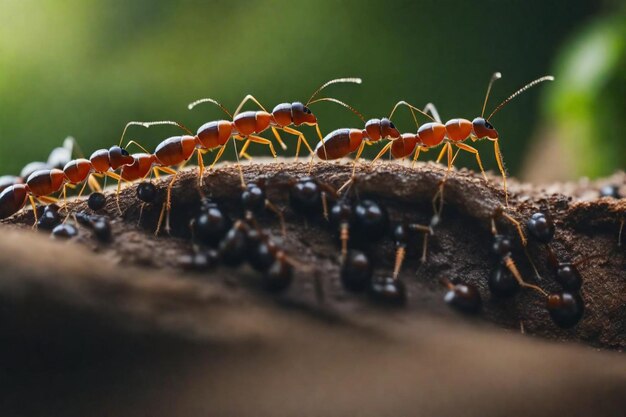 Foto um grupo de formigas estão no topo de um tronco de árvore