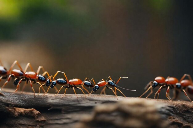 Foto um grupo de formigas vermelhas estão alinhadas em um tronco