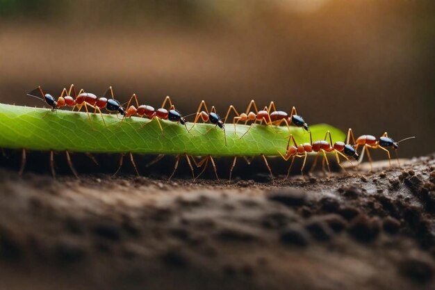 Foto um grupo de formigas vermelhas estão em um caule verde