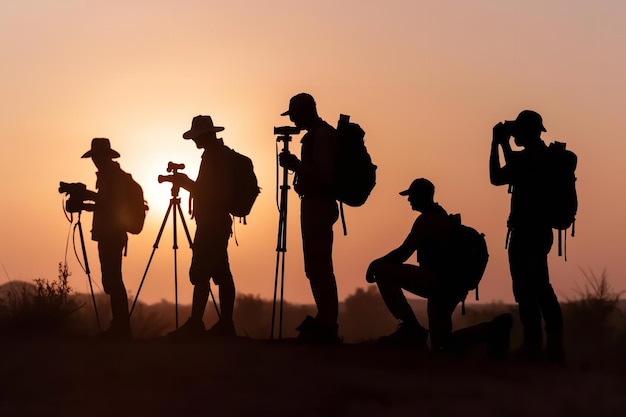 Um grupo de fotógrafos está tirando fotos do pôr-do-sol. Todos estão usando mochilas e chapéus.