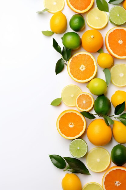 um grupo de frutas cítricas e limões está sobre um fundo branco.