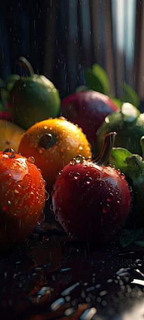 Um grupo de frutas e legumes com gotas de água Generative ai