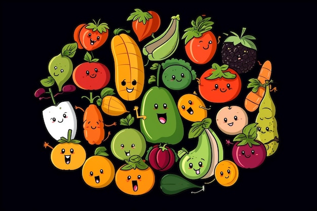 Um grupo de frutas e legumes com rostos desenhados neles.