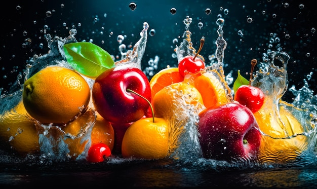 Um grupo de frutas espalhando-se na água Frutas splashing na água com cores vibrantes e movimento dinâmico