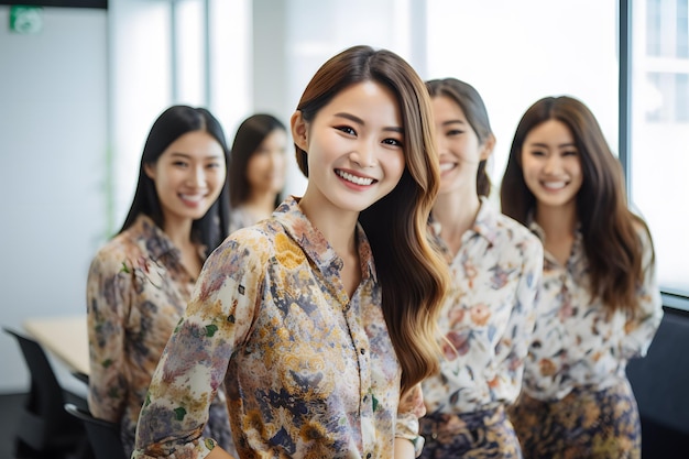 Um grupo de funcionários da equipe de vendas usando fundo de escritório de sorriso batik