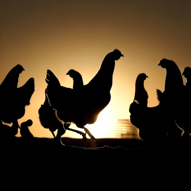 um grupo de galinhas aparece em silhueta contra um céu pôr do sol.