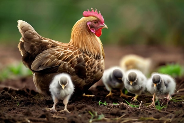 Foto um grupo de galinhas e uma galinha estão de pé na sujeira