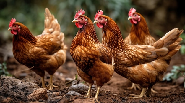 Um grupo de galinhas está parado em uma fazenda.