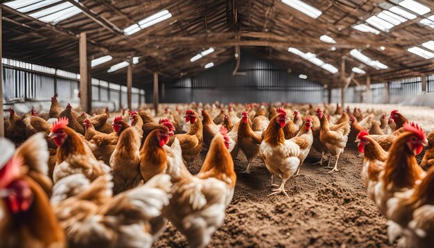 Foto um grupo de galinhas estão de pé em um galpão com um telhado de galpão que diz galinhas