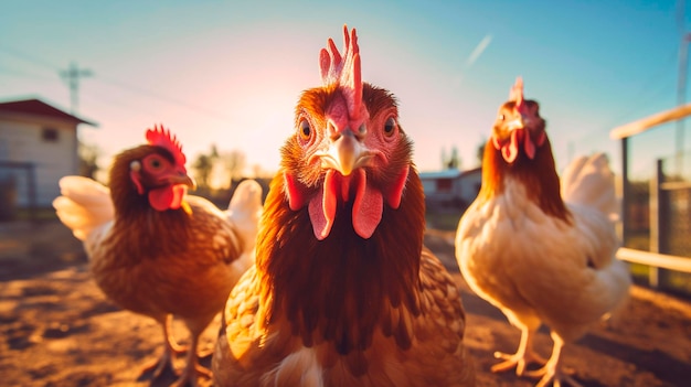 Um grupo de galinhas perto da fazenda ao sol olha para a câmera Generative Ai