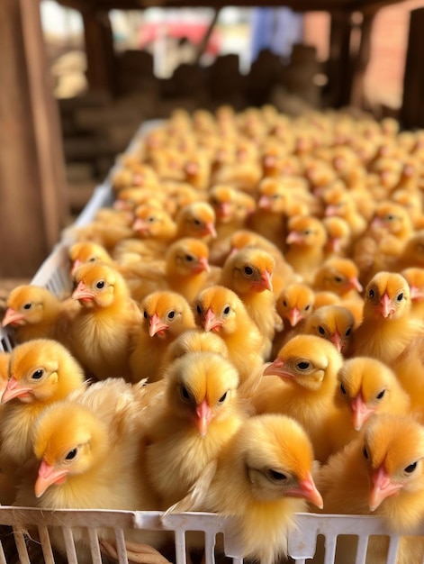 Foto um grupo de galinhas que estão em uma fila