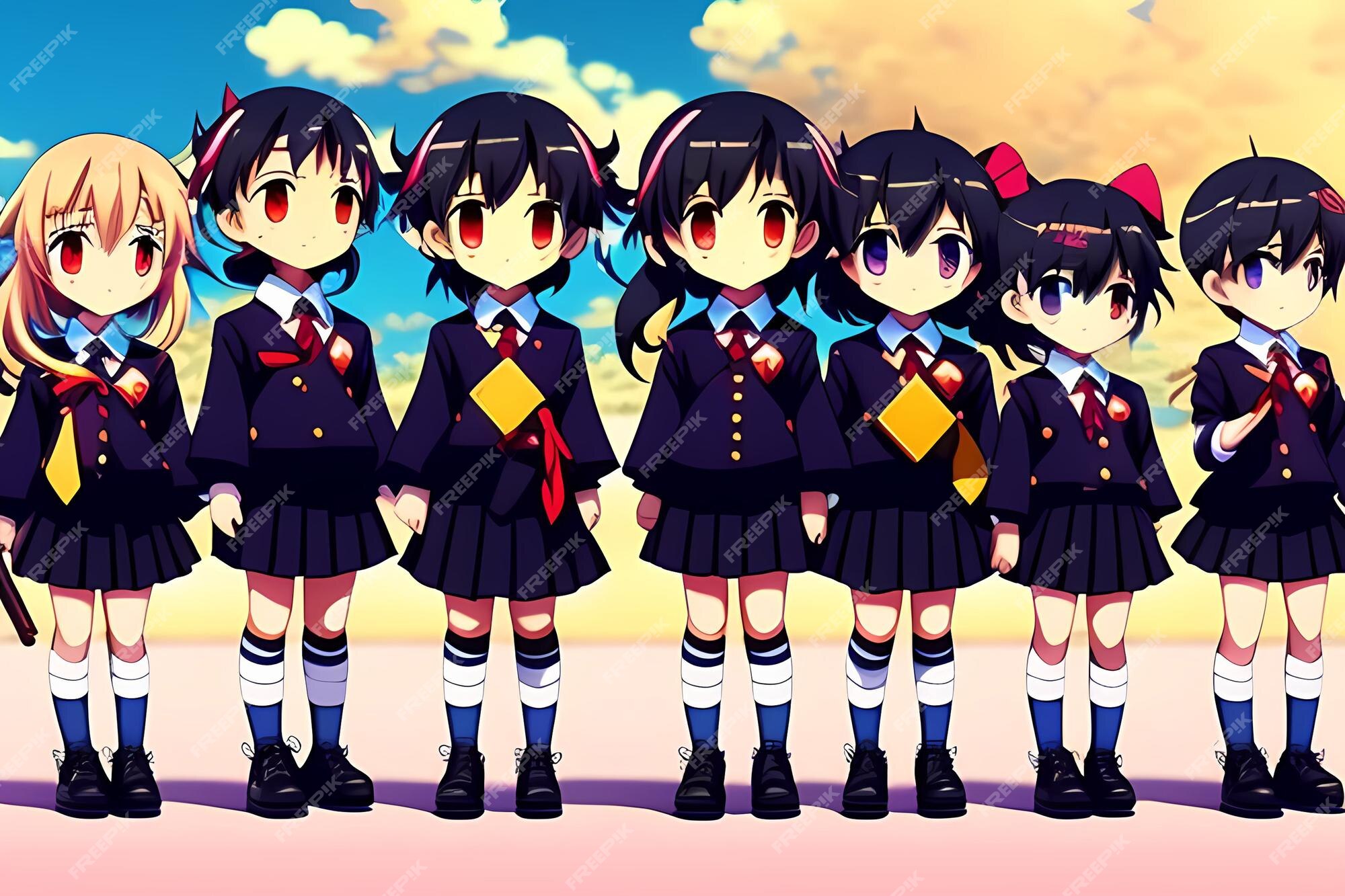 Um grupo de personagens de anime com cabelos pretos e olhos vermelhos
