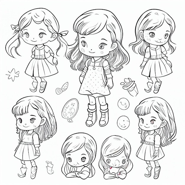 Foto um grupo de garotas de desenho animado com diferentes expressões generativas ai