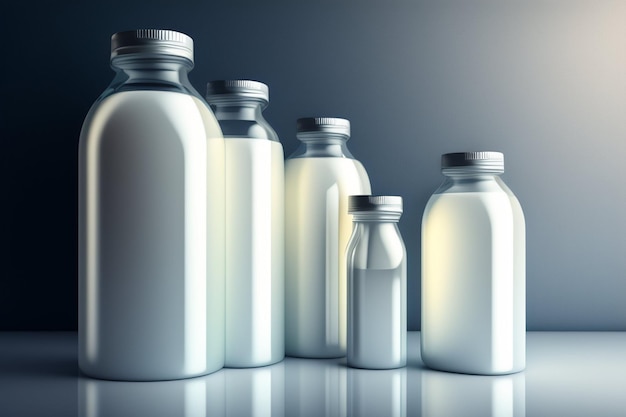 Um grupo de garrafas de leite está alinhado contra um fundo escuro.